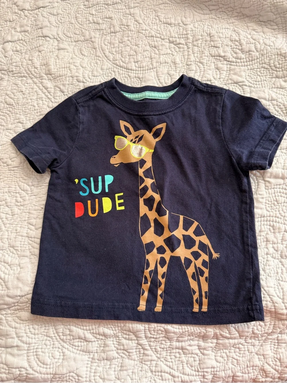 Gymboree Navy Tee with Giraffe and Multicolor 'Sup Dude' Print